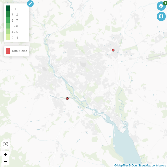 Interactive map showing sales data plotted by region with colour-coded areas and marker pins